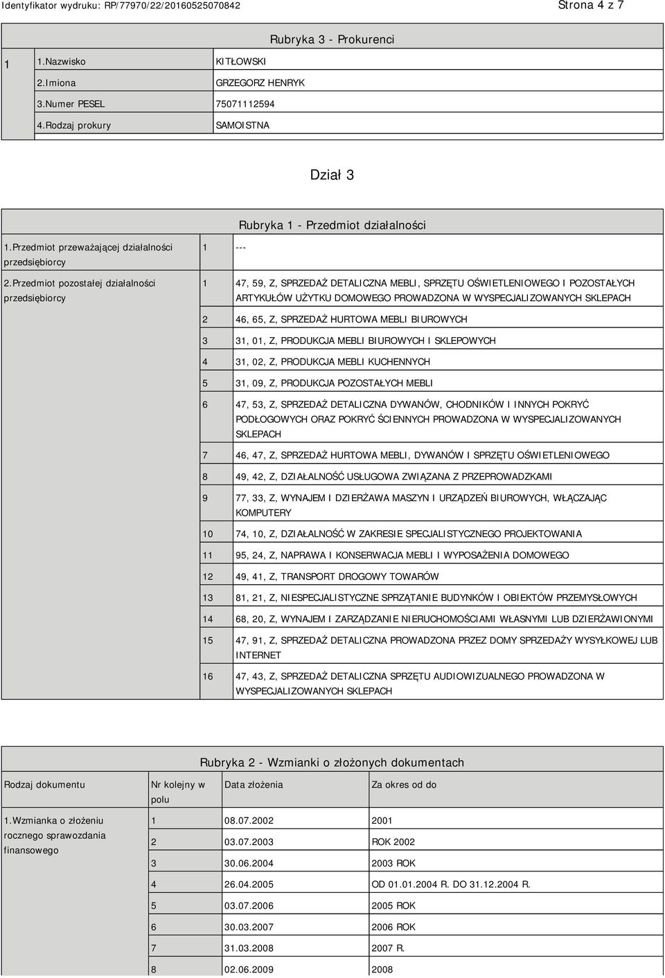 Przedmiot pozostałej działalności przedsiębiorcy 1 --- 1 47, 59, Z, SPRZEDAŻ DETALICZNA MEBLI, SPRZĘTU OŚWIETLENIOWEGO I POZOSTAŁYCH ARTYKUŁÓW UŻYTKU DOMOWEGO PROWADZONA W WYSPECJALIZOWANYCH SKLEPACH