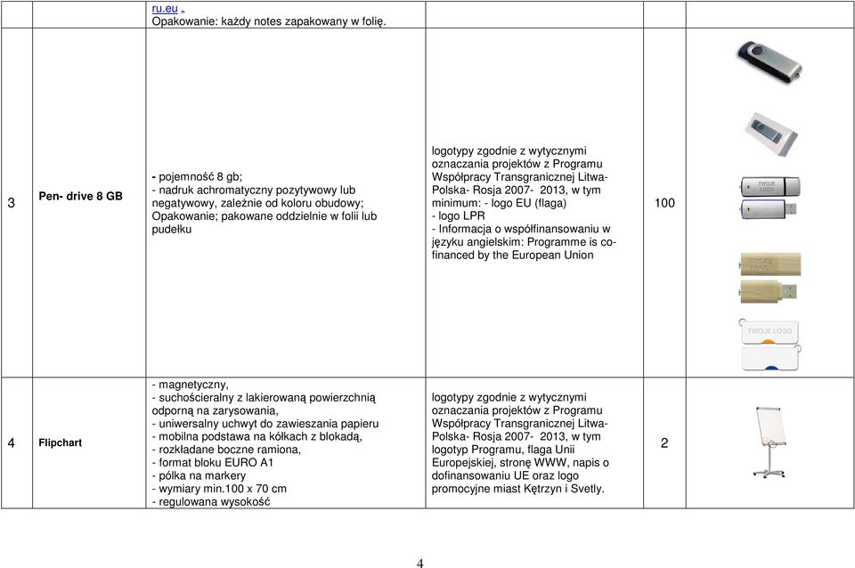 minimum: - logo EU (flaga) - logo LPR - Informacja o współfinansowaniu w języku angielskim: Programme is cofinanced by the European Union 100 4 Flipchart - magnetyczny, - suchościeralny z lakierowaną