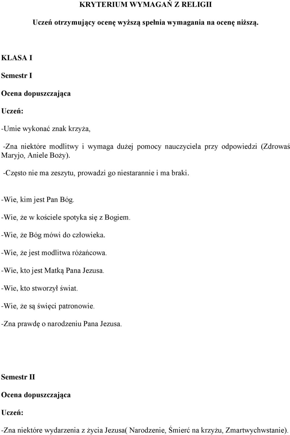 -Często nie ma zeszytu, prowadzi go niestarannie i ma braki. -Wie, kim jest Pan Bóg. -Wie, że w kościele spotyka się z Bogiem. -Wie, że Bóg mówi do człowieka.