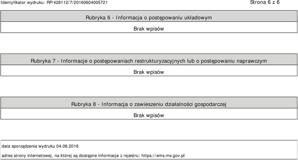 Informacja o zawieszeniu działalności gospodarczej data sporządzenia wydruku 04.06.