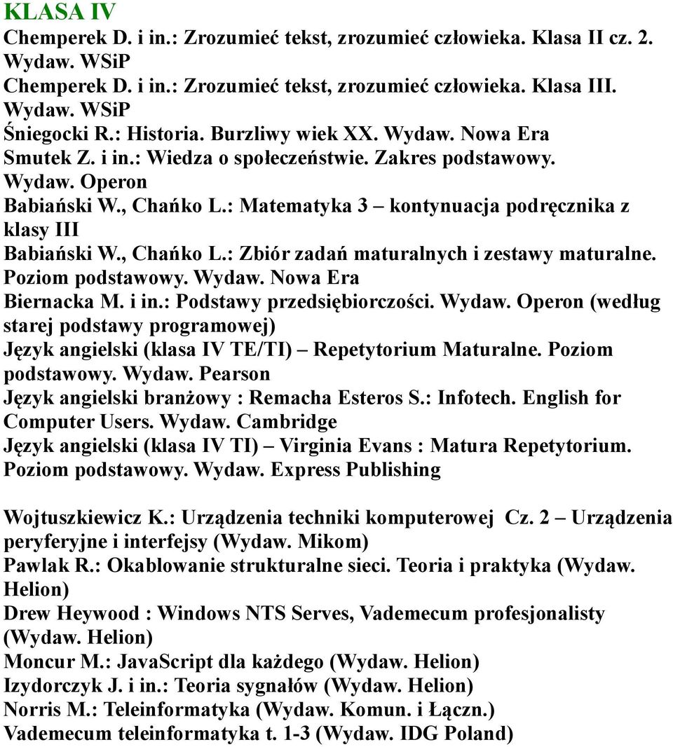 Poziom podstawowy. Wydaw. Biernacka M. i in.: Podstawy przedsiębiorczości. Wydaw. Operon (według starej podstawy programowej) Język angielski (klasa IV TE/TI) Repetytorium Maturalne.