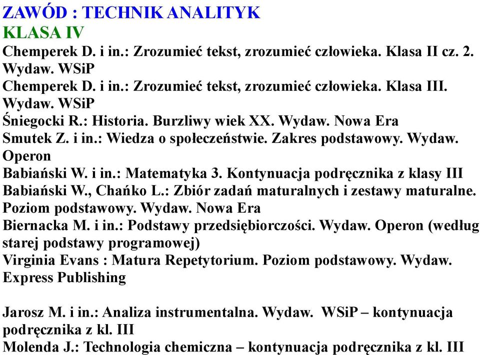 , Chańko L.: Zbiór zadań maturalnych i zestawy maturalne. Poziom podstawowy. Wydaw. Biernacka M. i in.: Podstawy przedsiębiorczości. Wydaw. Operon (według starej podstawy programowej) Virginia Evans : Matura Repetytorium.