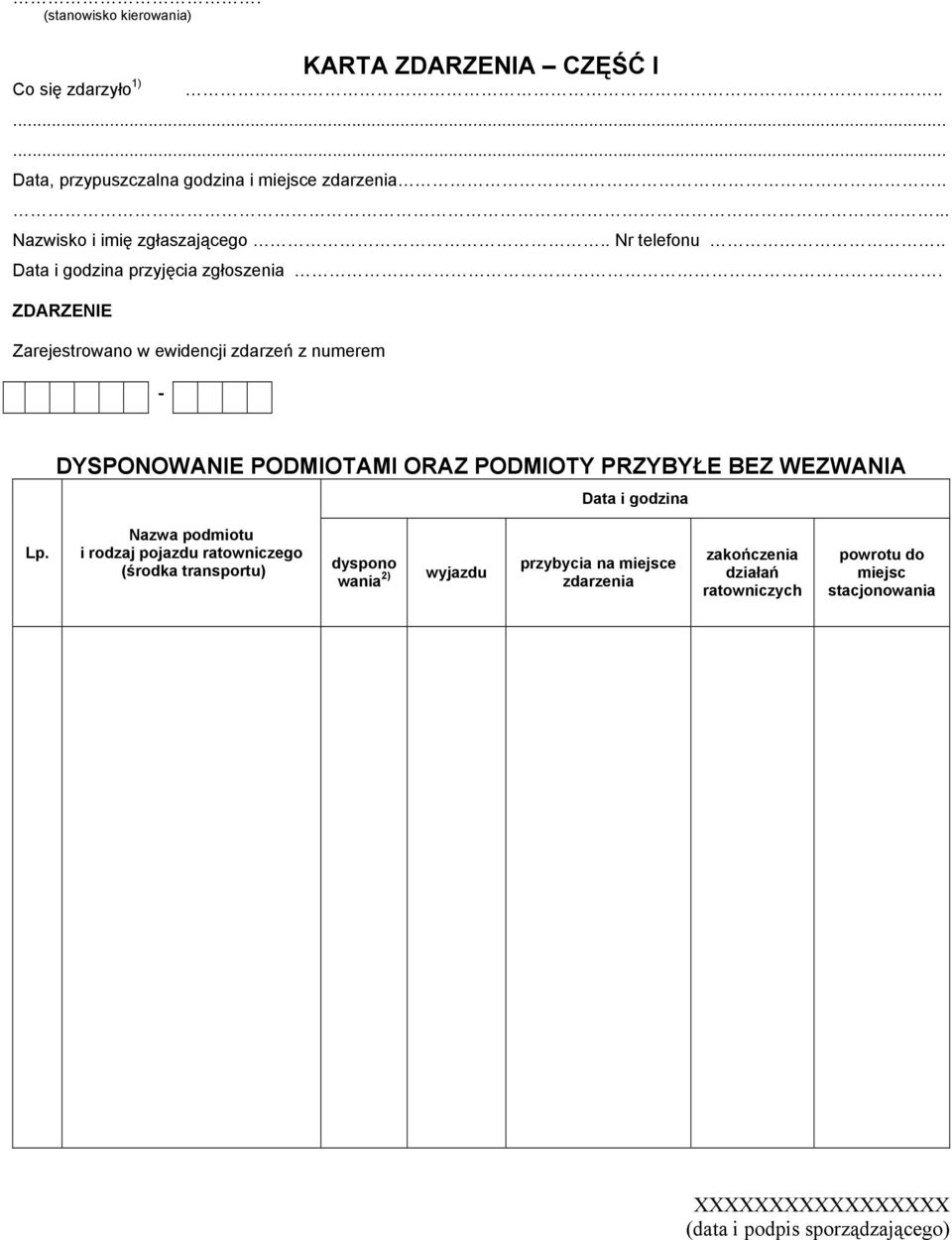 ZDARZENIE Zarejestrowano w ewidencji zdarze z numerem - DYSPONOWANIE PODMIOTAMI ORAZ PODMIOTY PRZYBY E BEZ WEZWANIA Data i godzina Lp.