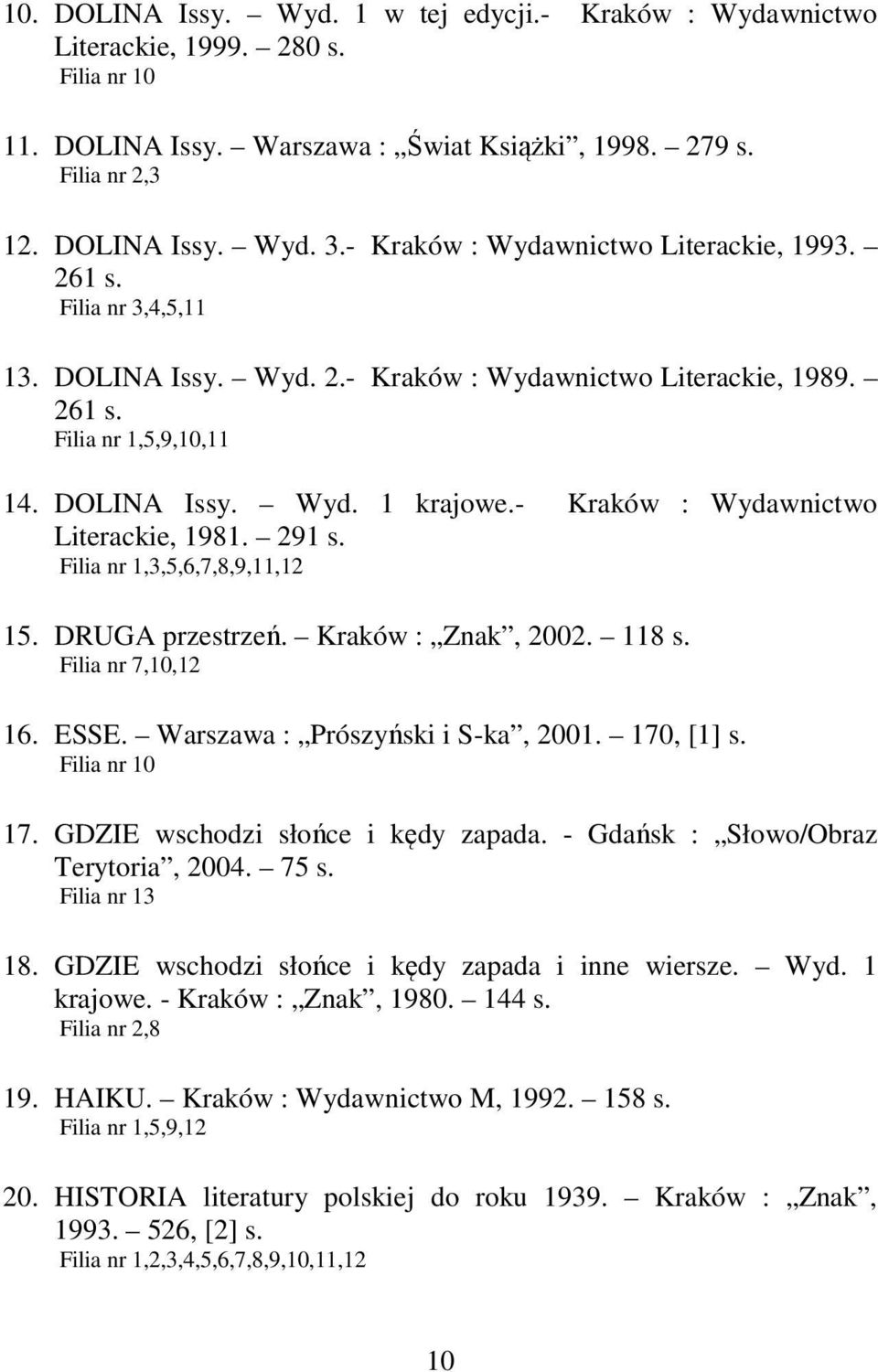 - Kraków : Wydawnictwo Literackie, 1981. 291 s. Filia nr 1,3,5,6,7,8,9,11,12 15. DRUGA przestrzeń. Kraków : Znak, 2002. 118 s. Filia nr 7,10,12 16. ESSE. Warszawa : Prószyński i S-ka, 2001.