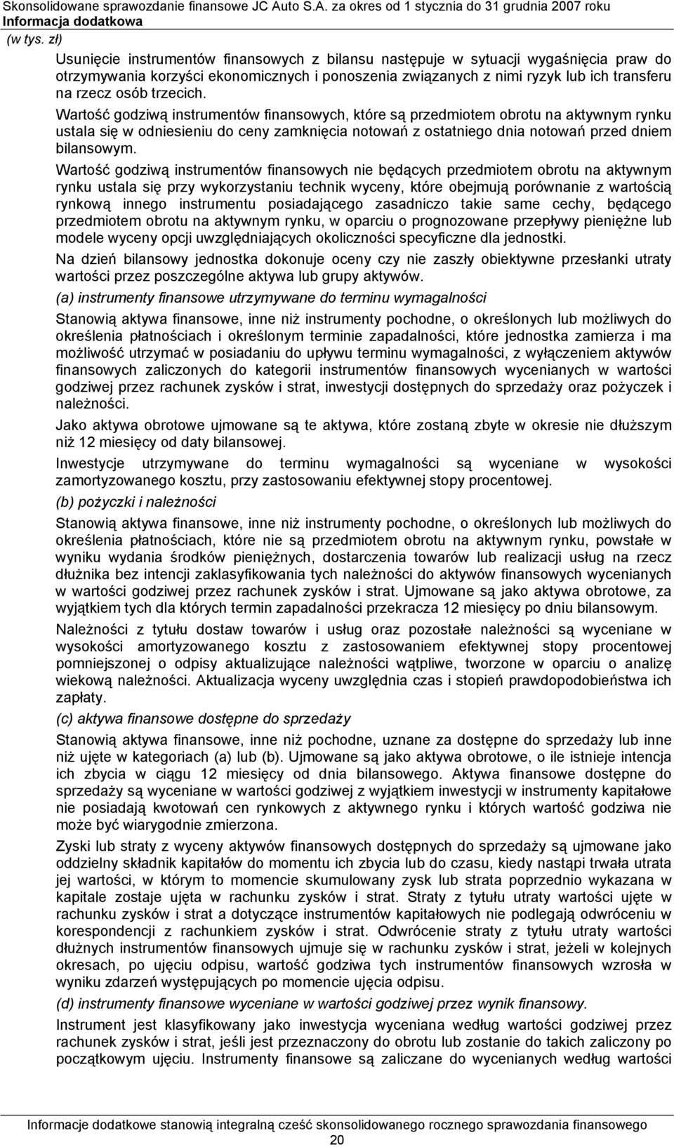 trzecich. Wartość godziwą instrumentów finansowych, które są przedmiotem obrotu na aktywnym rynku ustala się w odniesieniu do ceny zamknięcia notowań z ostatniego dnia notowań przed dniem bilansowym.