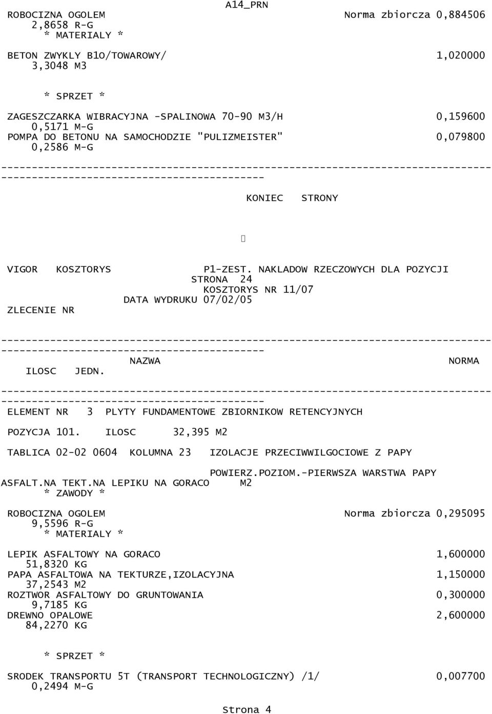 FUNDAMENTOWE ZBIORNIKOW RETENCYJNYCH POZYCJA 101. ILOSC 32,395 M2 TABLICA 02-02 0604 KOLUMNA 23 IZOLACJE PRZECIWWILGOCIOWE Z PAPY POWIERZ.POZIOM.-PIERWSZA WARSTWA PAPY ASFALT.NA TEKT.