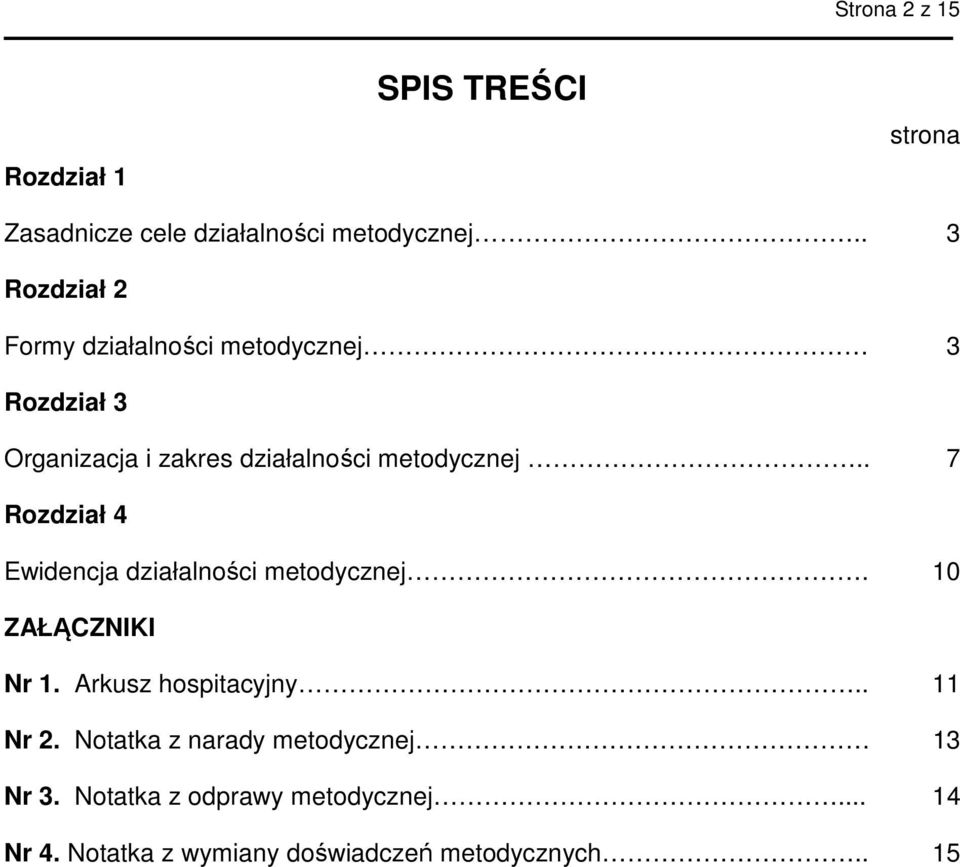 . 7 Rozdział 4 Ewidencja działalności metodycznej. 10 ZAŁĄCZNIKI Nr 1. Arkusz hospitacyjny.. 11 Nr 2.