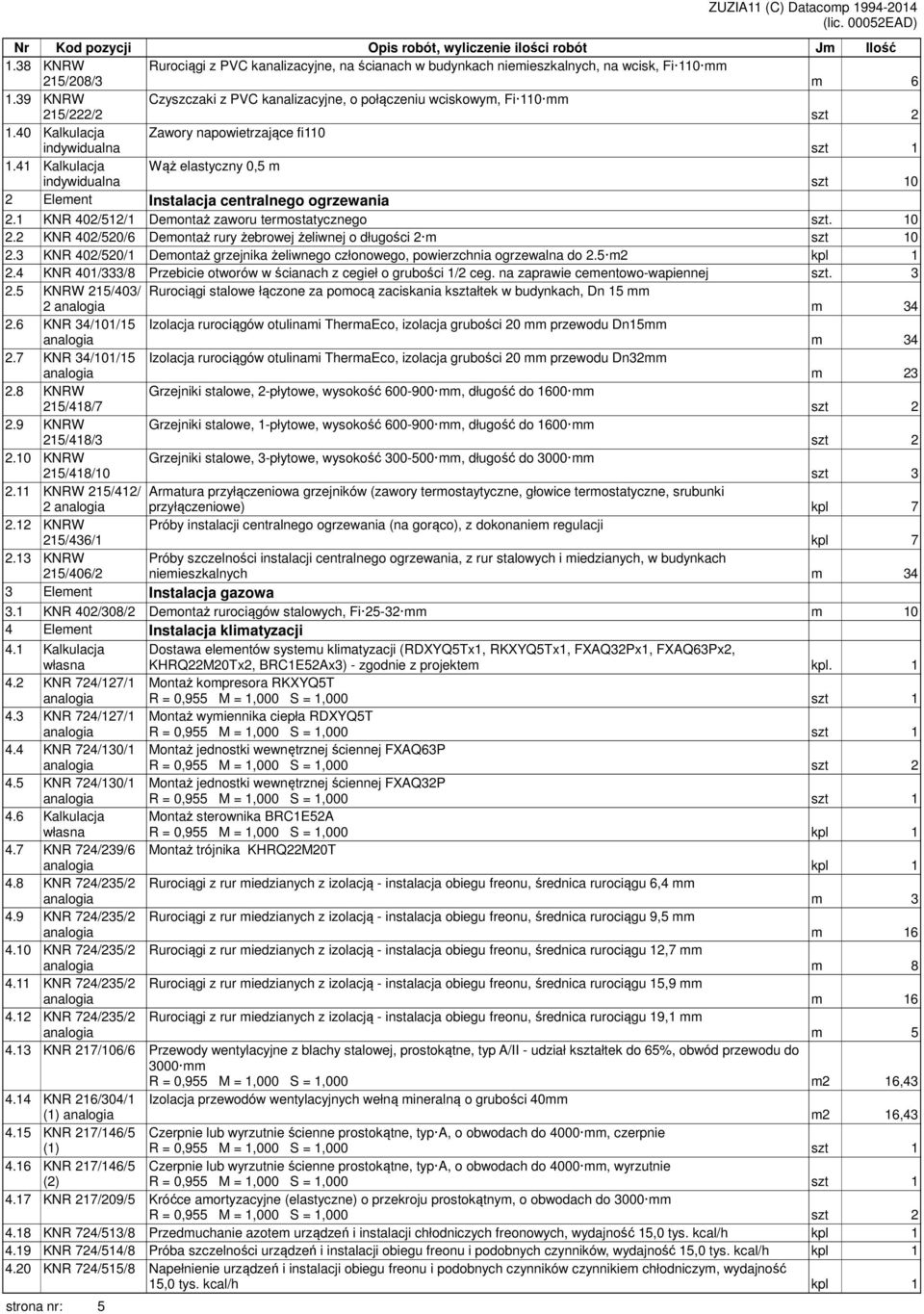 39 KNRW Czyszczaki z PVC kanalizacyjne, o połączeniu wciskowym, Fi 110 mm 215/222/2 szt 2 1.40 Kalkulacja Zawory napowietrzające fi110 indywidualna 1.