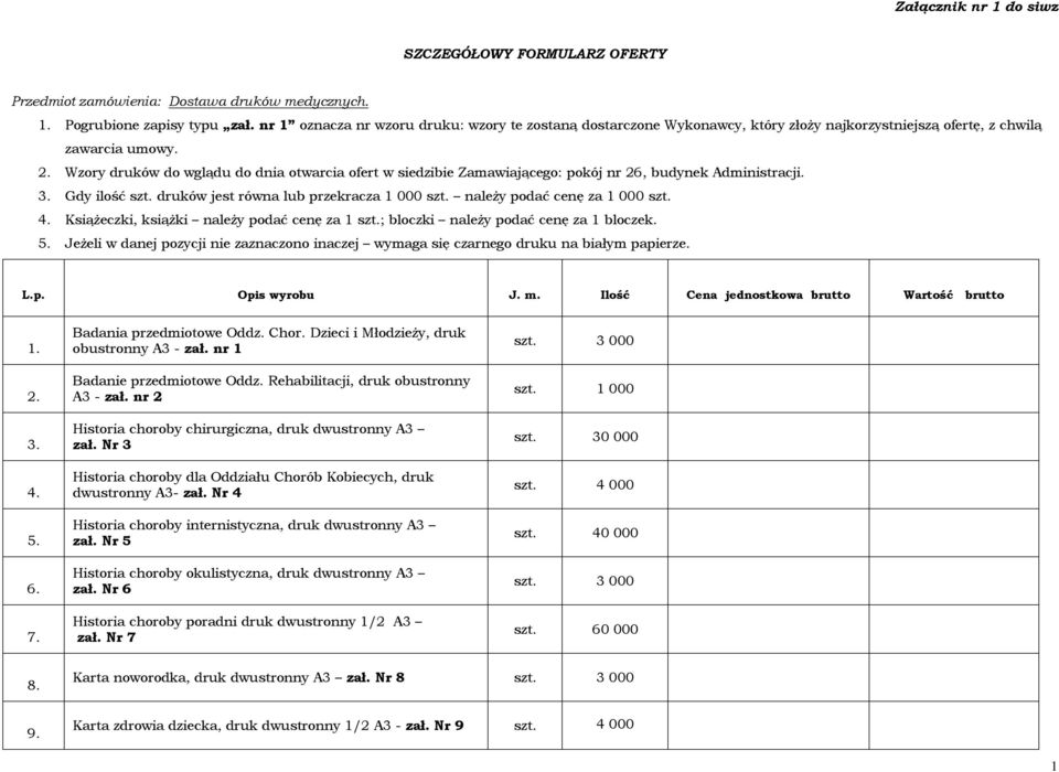 Wzory druków do wglądu do dnia otwarcia ofert w siedzibie Zamawiającego: pokój nr 26, budynek Administracji. 3. Gdy ilość szt. druków jest równa lub przekracza 1 000 szt.