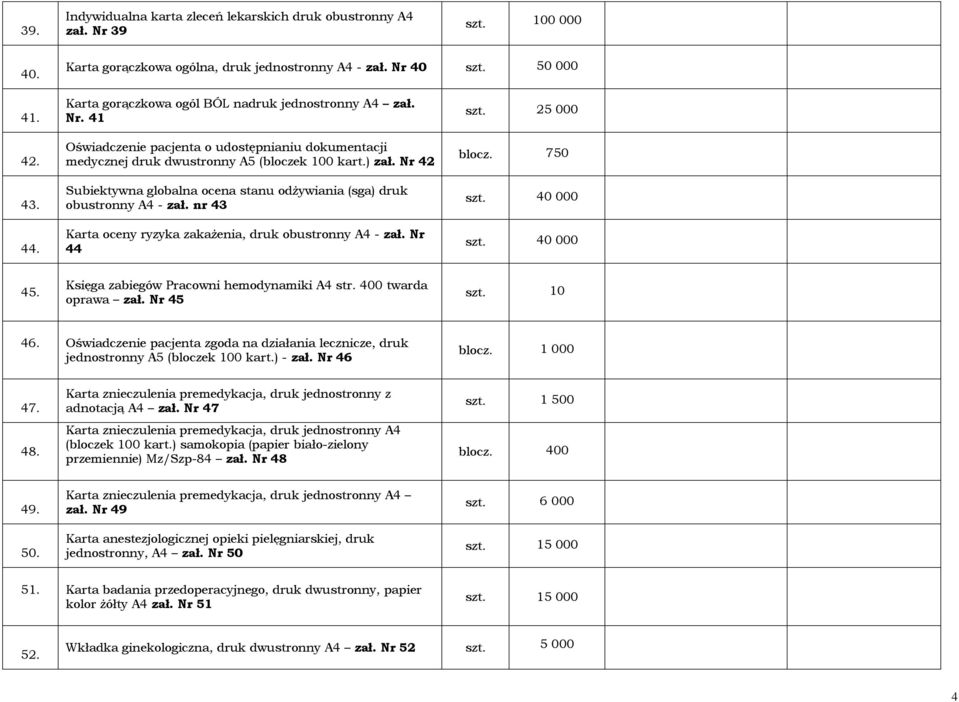 Nr 42 Subiektywna globalna ocena stanu odżywiania (sga) druk obustronny A4 - zał. nr 43 Karta oceny ryzyka zakażenia, druk obustronny A4 - zał. Nr 44 szt. 25 000 blocz. 750 45.
