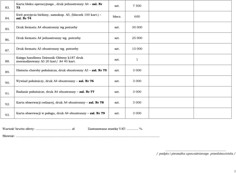 Księga handlowa Dziennik Główny k187 druk znormalizowany A3 20 kart/ A4 40 kart. szt. 1 89. Historia choroby położnicza, druk obustronny A3 zał. Nr 75 szt. 3 000 90.