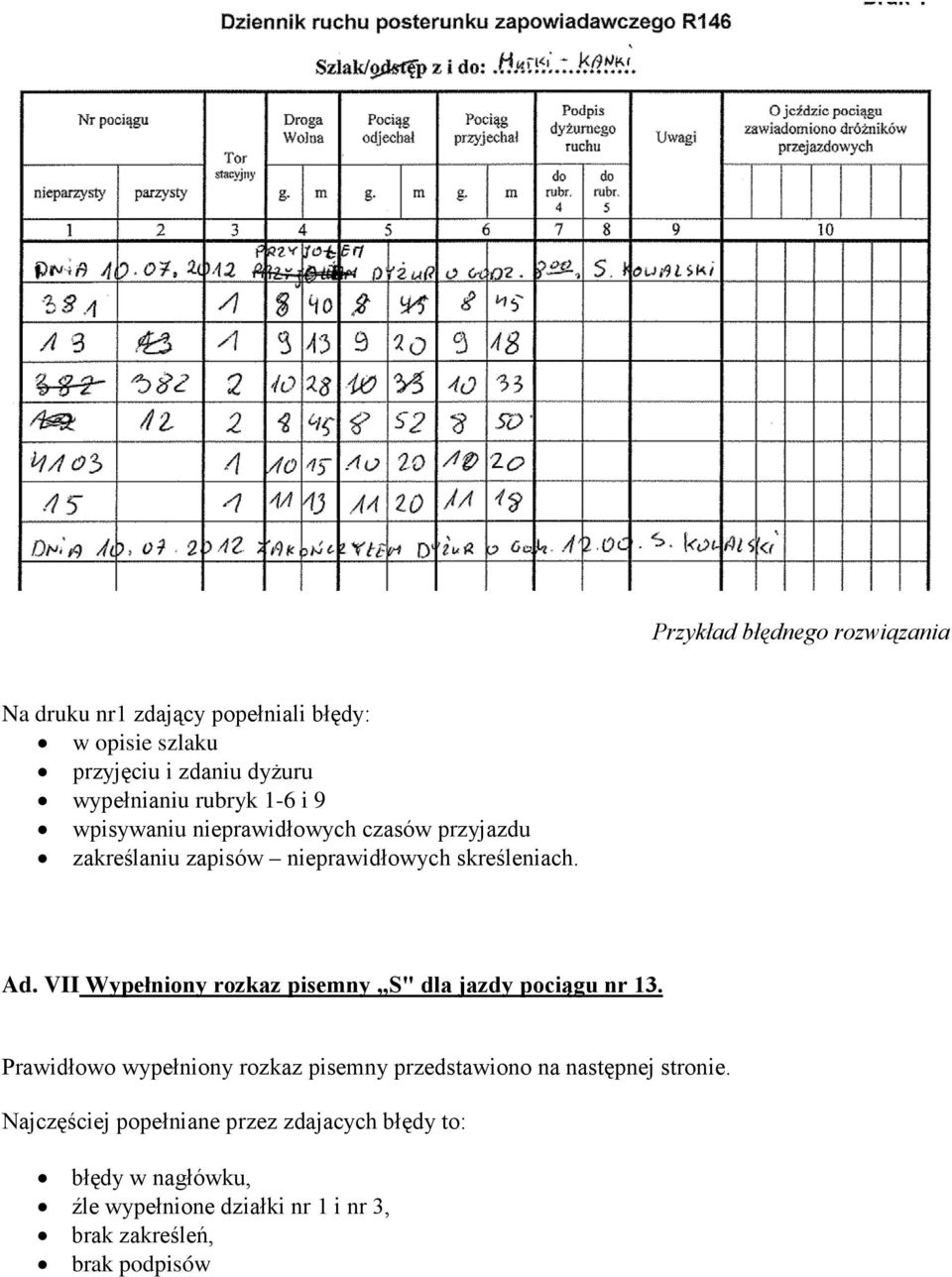 VII Wypełniony rozkaz pisemny S" dla jazdy pociągu nr 13.