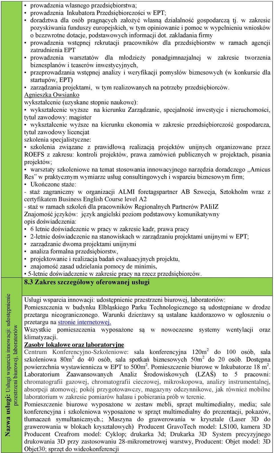 zakładania firmy prowadzenia wstępnej rekrutacji pracowników dla przedsiębiorstw w ramach agencji zatrudnienia EPT prowadzenia warsztatów dla młodzieży ponadgimnazjalnej w zakresie tworzenia