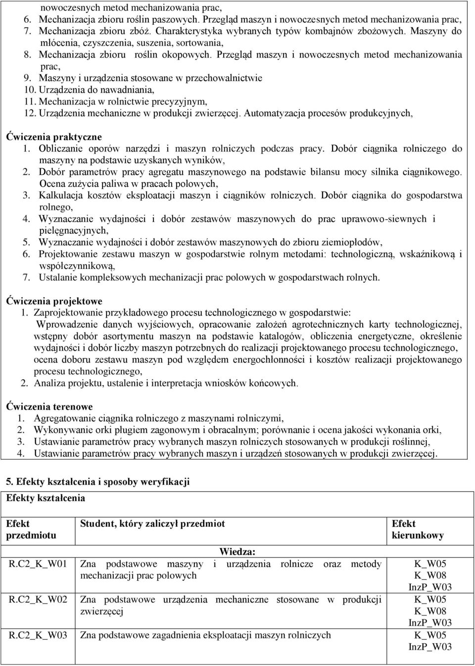 Przegląd maszyn i nowoczesnych metod mechanizowania prac, 9. Maszyny i urządzenia stosowane w przechowalnictwie 10. Urządzenia do nawadniania, 11. Mechanizacja w rolnictwie precyzyjnym, 1.