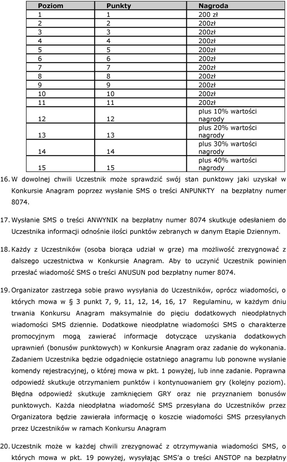 W dowolnej chwili Uczestnik może sprawdzić swój stan punktowy jaki uzyskał w Konkursie Anagram poprzez wysłanie SMS o treści ANPUNKTY na bezpłatny numer 8074. 17.