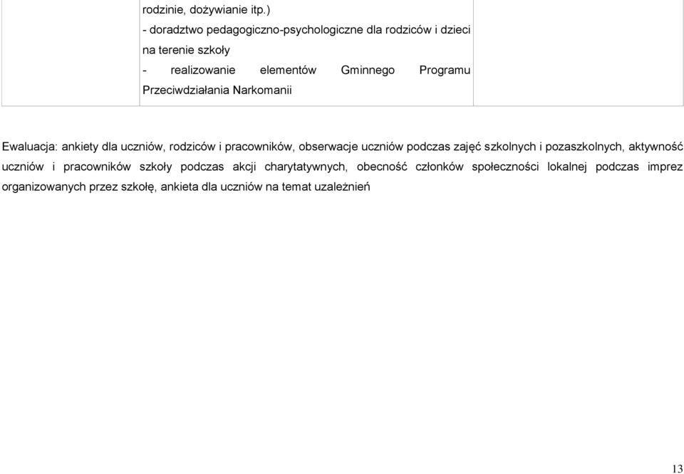 Programu Przeciwdziałania Narkomanii Ewaluacja: ankiety dla uczniów, rodziców i pracowników, obserwacje uczniów podczas