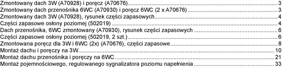 .. Dach przenośnika, WC zmontowany (A70930), rysunek części zapasowych... zapasowe osłony poziomej (009, szt.)... Zmontowana poręcz dla 3W i WC (x) (A707), części zapasowe.