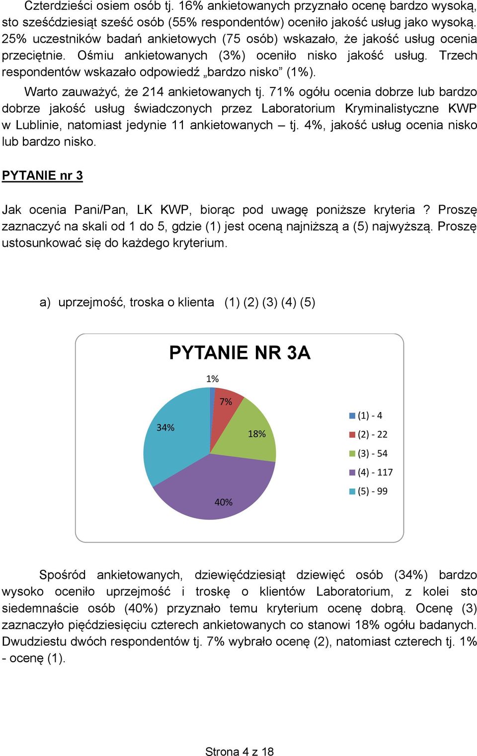 Warto zauważyć, że 214 ankietowanych tj. 71% ogółu ocenia dobrze lub bardzo dobrze jakość usług świadczonych przez Laboratorium Kryminalistyczne KWP w Lublinie, natomiast jedynie 11 ankietowanych tj.