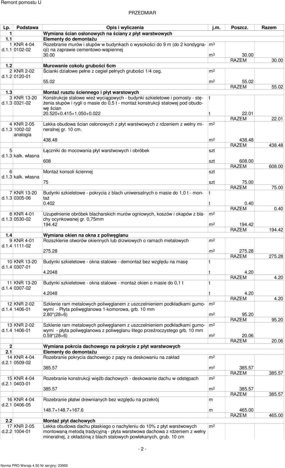 00-0 55.0 55.0 RAZEM 55.0. Monaż ruszu ściennego i pły warsowych KNR -0 d.. 0-0 KNR -05 d.. 00-0 5 d.. kalk.