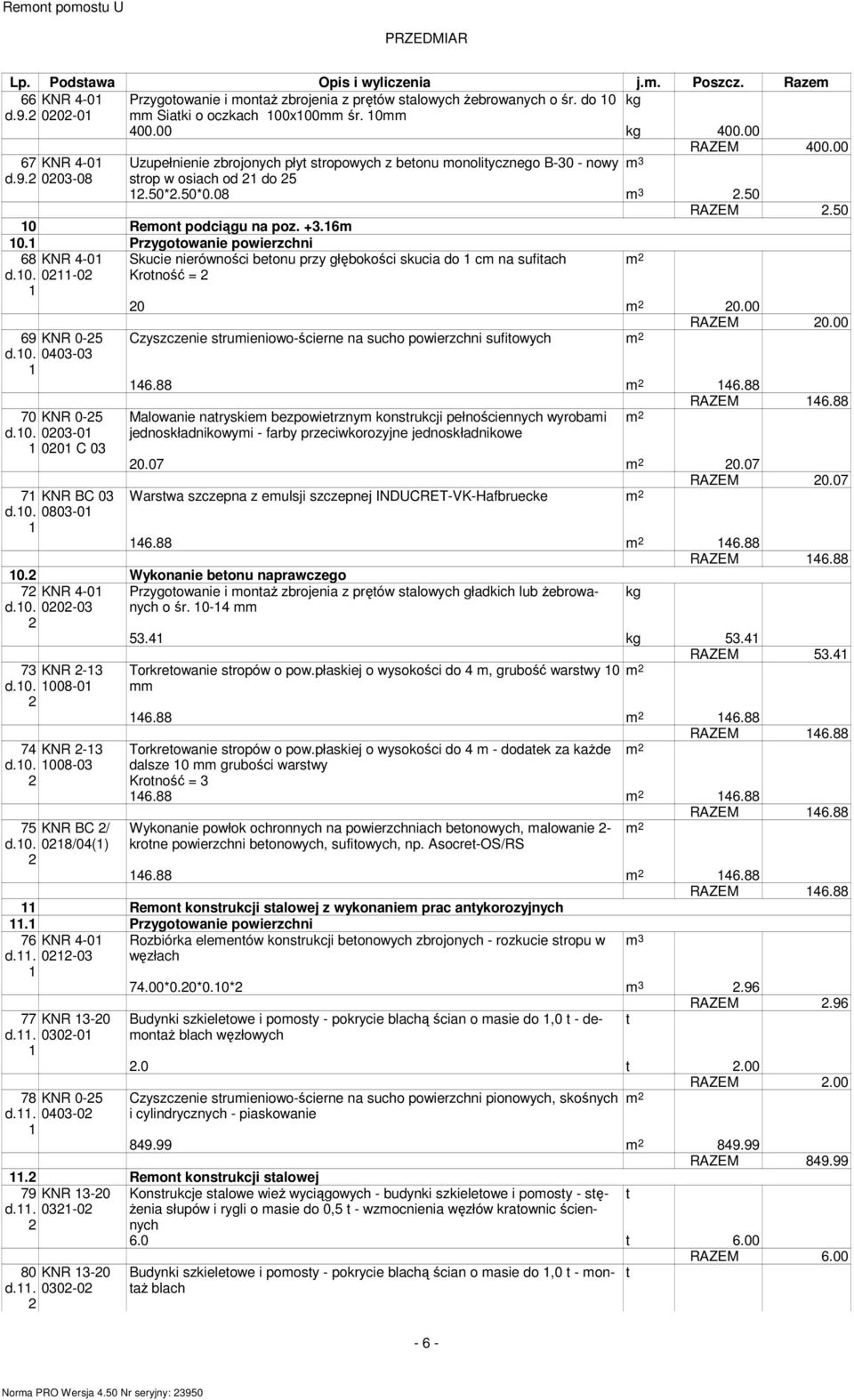 Przygoowanie powierzchni 68 KNR -0 Skucie nierówności beonu przy głębokości skucia do cm na sufiach d.0. 0-0 Kroność = 0 0.00 69 KNR 0-5 d.0. 00-0 70 KNR 0-5 d.0. 00-0 00 C 0 7 KNR BC 0 d.0. 080-0 Czyszczenie srumieniowo-ścierne na sucho powierzchni sufiowych RAZEM 0.