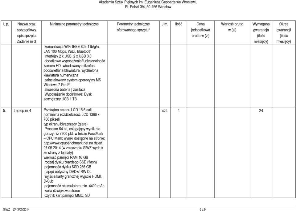 zasilacz Wyposażenie dodatkowe: Dysk zewnętrzny USB 1 TB 5. Laptop nr 4 Przekątna ekranu LCD 15.6 cali nominalna rozdzielczość LCD 1366 x 768 pikseli typ ekranu błyszczący (glare) gorszy niż 7900 pkt.