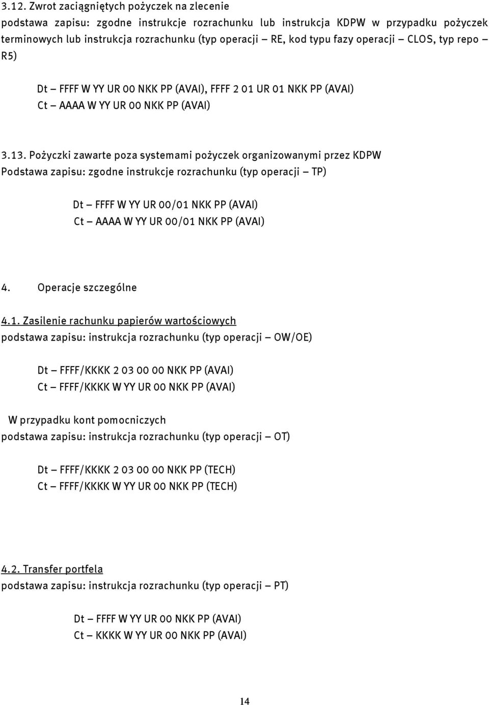 Pożyczki zawarte poza systemami pożyczek organizowanymi przez KDPW Podstawa zapisu: zgodne instrukcje rozrachunku (typ operacji TP) Dt FFFF W YY UR 00/01 NKK PP (AVAI) Ct AAAA W YY UR 00/01 NKK PP