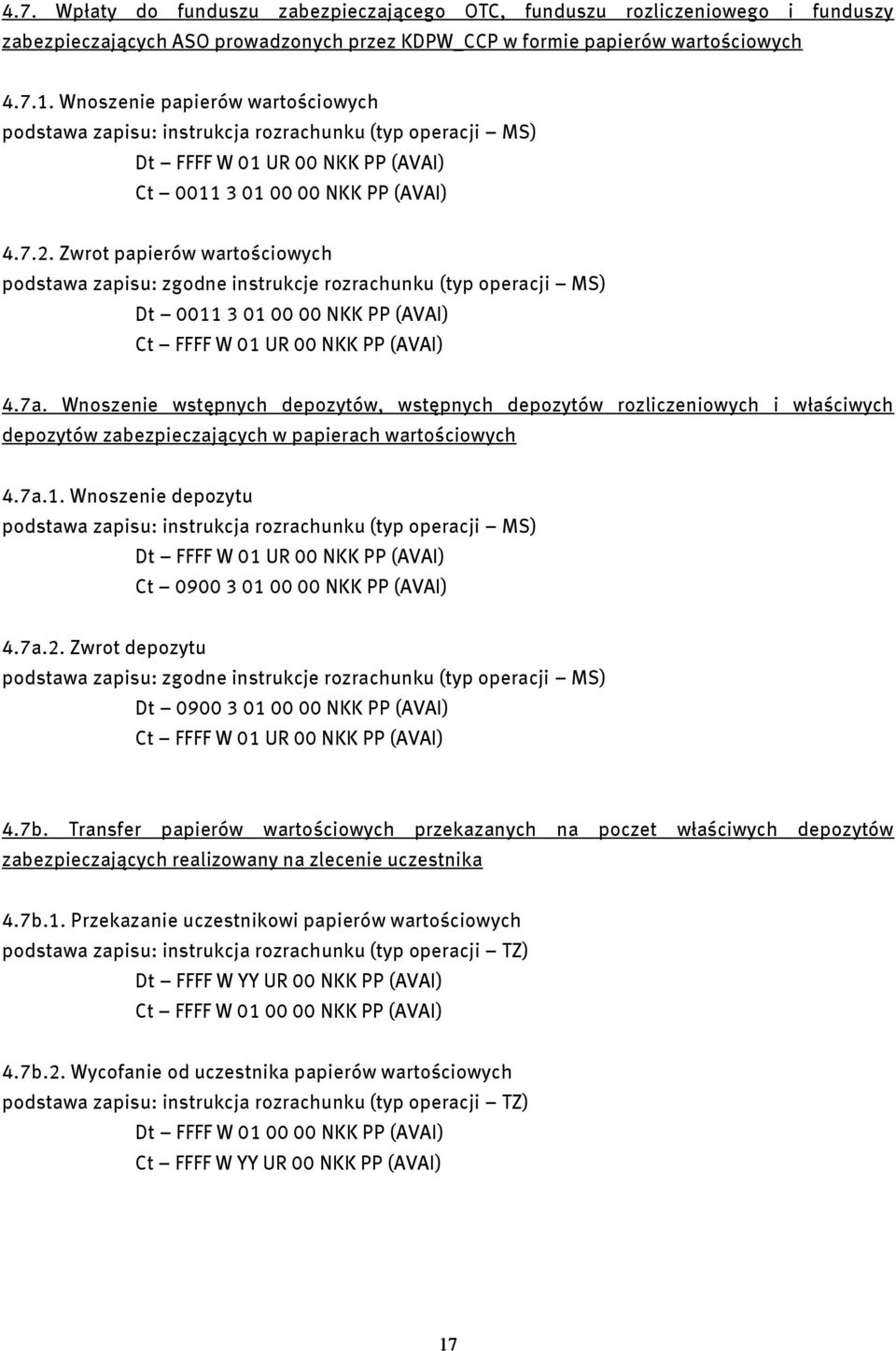 Zwrot papierów wartościowych podstawa zapisu: zgodne instrukcje rozrachunku (typ operacji MS) Dt 0011 3 01 00 00 NKK PP (AVAI) Ct FFFF W 01 UR 00 NKK PP (AVAI) 4.7a.