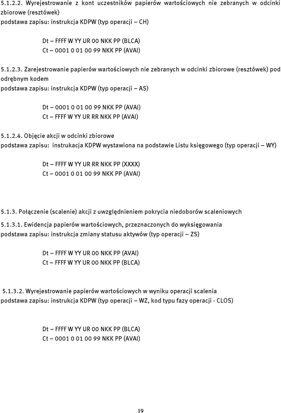 UR RR NKK PP (AVAI) 5.1.2.4. Objęcie akcji w odcinki zbiorowe podstawa zapisu: instrukacja KDPW wystawiona na podstawie Listu księgowego (typ operacji WY) Dt FFFF W YY UR RR NKK PP (XXXX) 5.1.3.