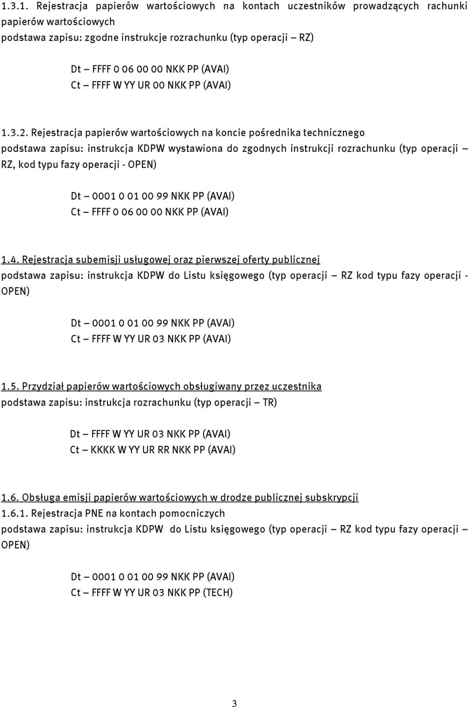 Rejestracja papierów wartościowych na koncie pośrednika technicznego podstawa zapisu: instrukcja KDPW wystawiona do zgodnych instrukcji rozrachunku (typ operacji RZ, kod typu fazy operacji - OPEN) Dt