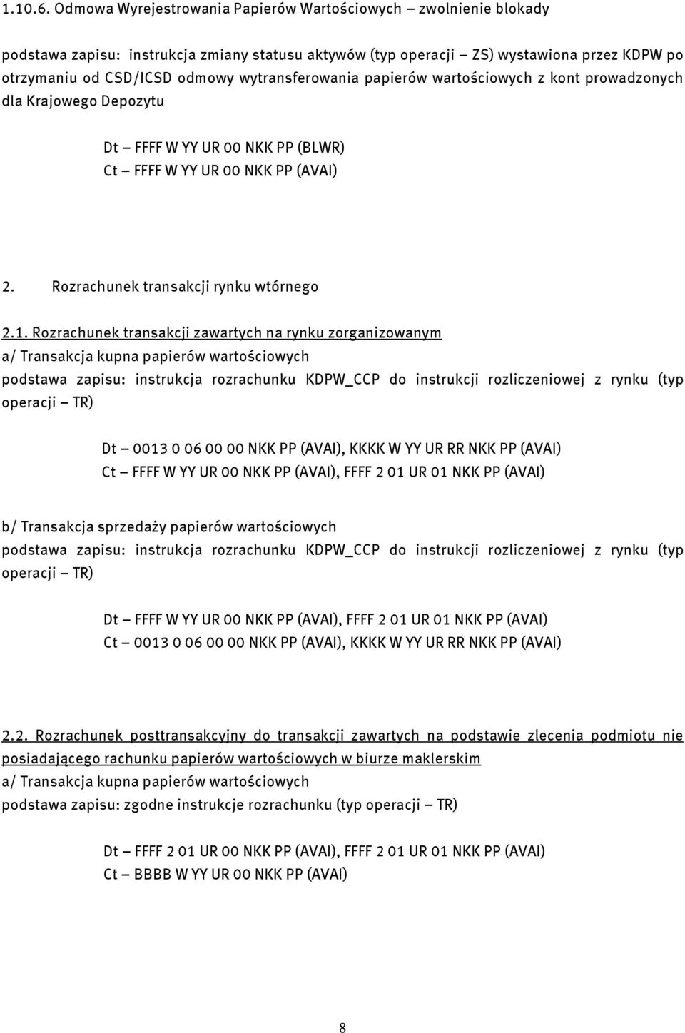 wytransferowania papierów wartościowych z kont prowadzonych dla Krajowego Depozytu Dt FFFF W YY UR 00 NKK PP (BLWR) 2. Rozrachunek transakcji rynku wtórnego 2.1.