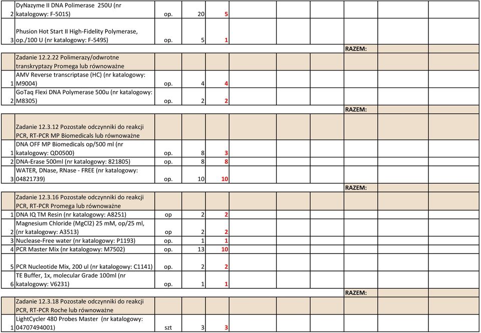 8 3 2 DNA-Erase 500ml (nr katalogowy: 821805) op. 8 8 WATER, DNase, RNase - FREE (nr katalogowy: 3 04821739) op. 10 10 Zadanie 12.3.16 Pozostałe odczynniki do reakcji PCR, RT-PCR Promega lub 1 DNA IQ