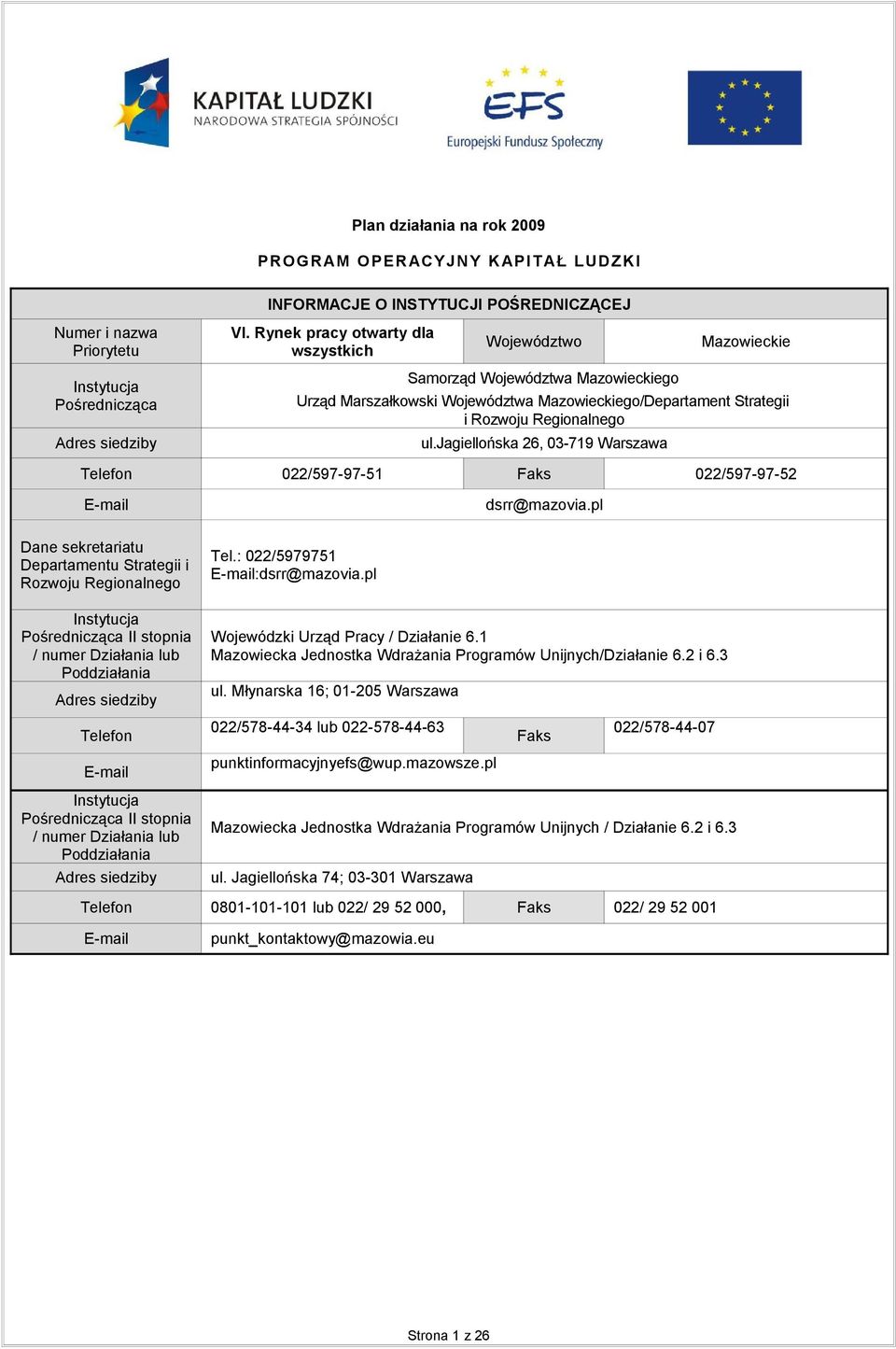 Strategii i Rozwoju Regionalnego ul.jagiellońska 26, 03-79 Warszawa Telefon 022/597-97-5 Faks 022/597-97-52 E-mail dsrr@mazovia.