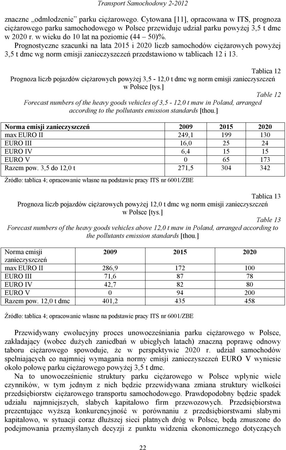 Prognostyczne szacunki na lata 2015 i 2020 liczb samochodów ciężarowych powyżej 3,5 t dmc wg norm emisji zanieczyszczeń przedstawiono w tablicach 12 i 13.