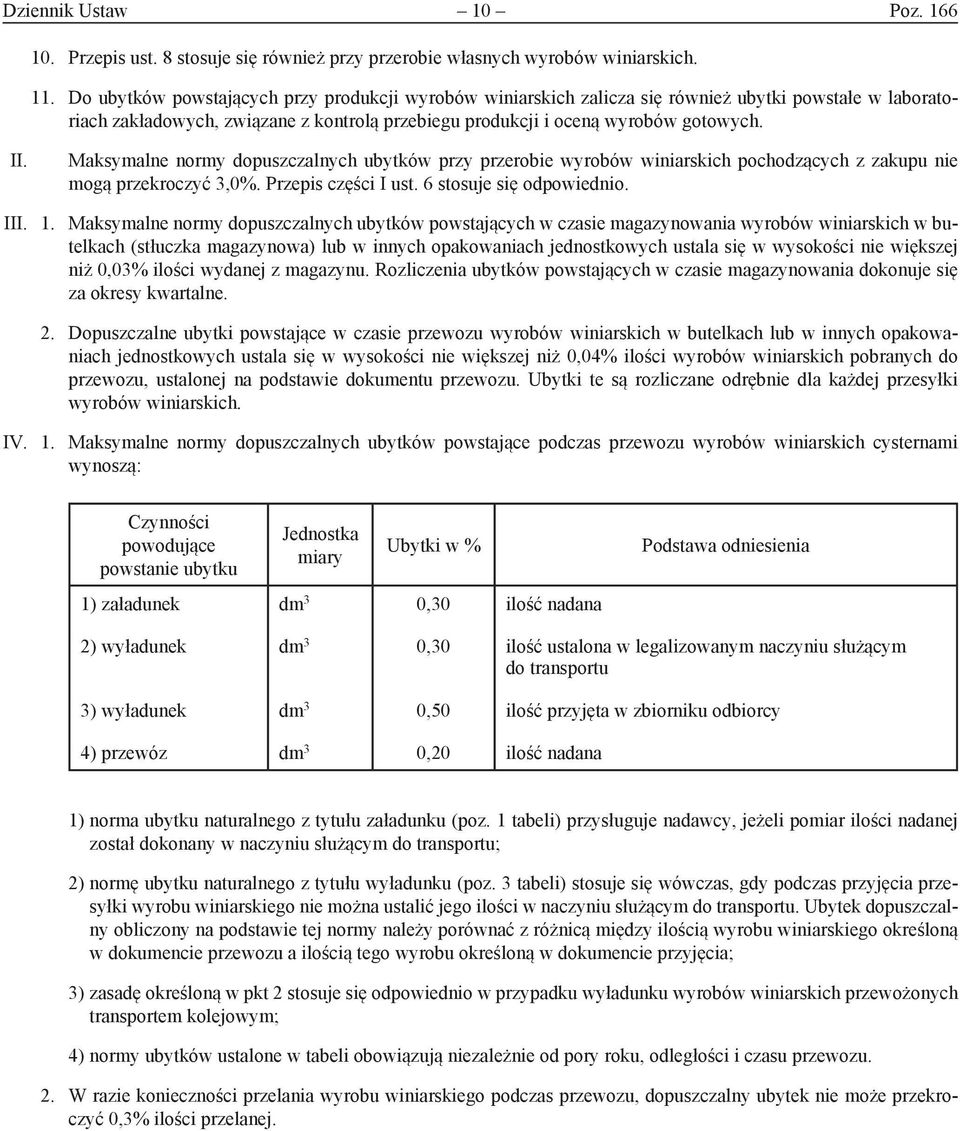 Maksymalne normy dopuszczalnych ubytków przy przerobie wyrobów winiarskich pochodzących z zakupu nie mogą przekroczyć 3,0%. Przepis części I ust. 6 stosuje się odpowiednio. III. 1.