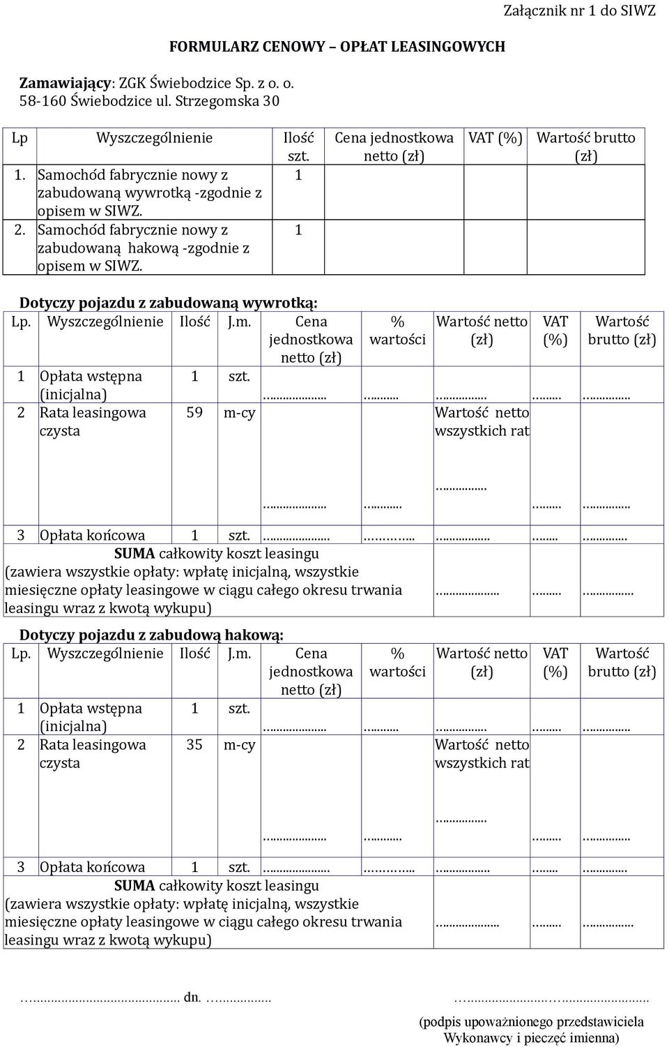 Cena jednostkowa VAT (%) Wartoswcw brutto Dotyczy pojazdu z zabudowaną wywrotką: Lp. Wyszczegowlnienie Iloswcw J.m. Cena jednostkowa 1 Opłata wstępna 1 szt.