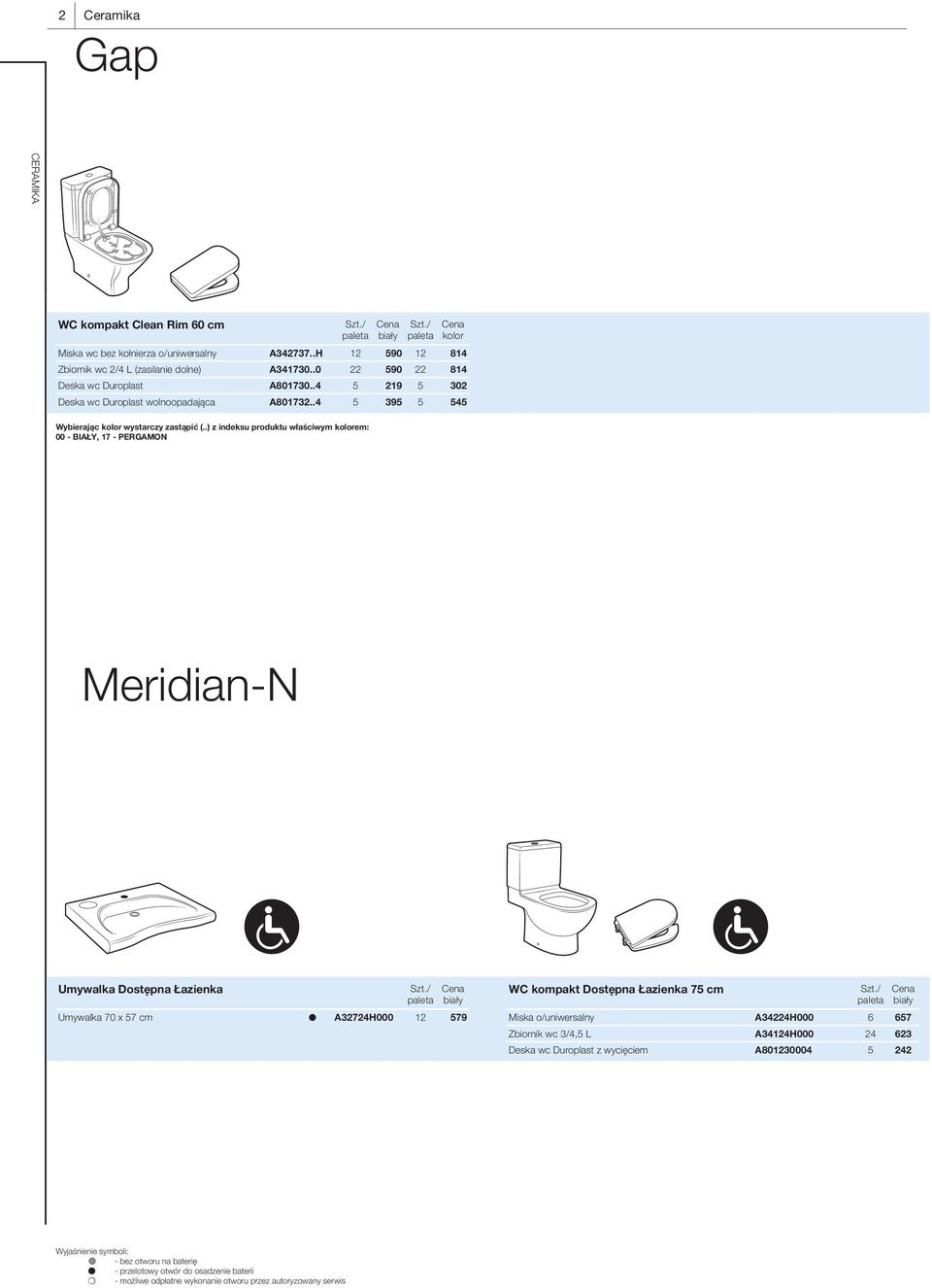 .) z indeksu produktu właściwym kolorem: 00 - BIAŁY, 17 - PERGAMON Meridian-N Umywalka Dostępna Łazienka Umywalka 70 x 57 cm A32724H000 12 579 WC kompakt Dostępna Łazienka 75 cm Miska