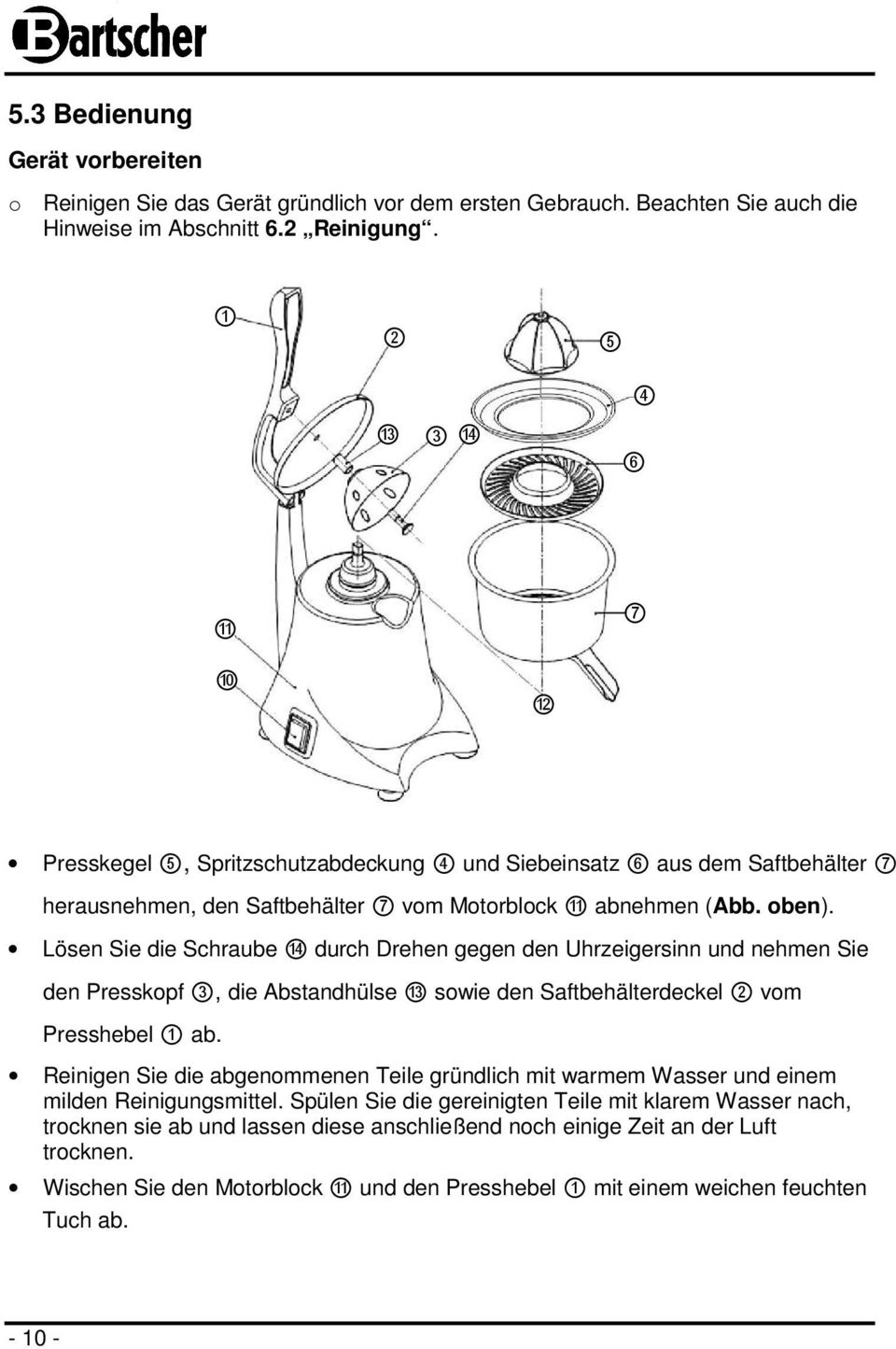 Lösen Sie die Schraube 14 durch Drehen gegen den Uhrzeigersinn und nehmen Sie den Presskopf 3, die Abstandhülse 13 sowie den Saftbehälterdeckel 2 vom Presshebel 1 ab.