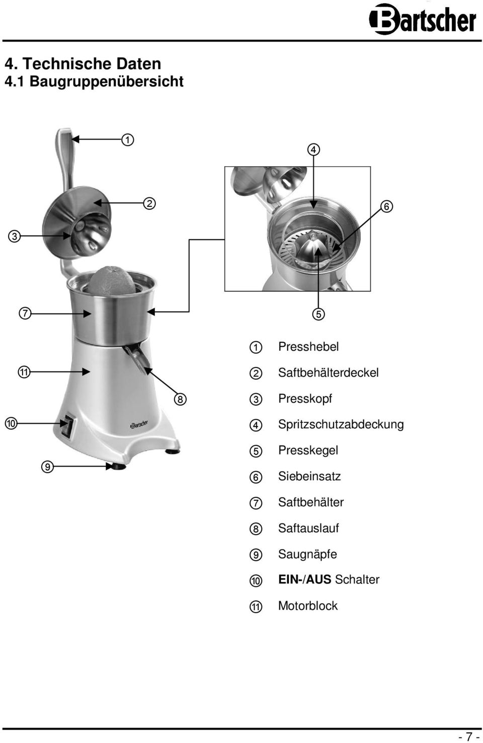 Saftbehälterdeckel 3 Presskopf 4 Spritzschutzabdeckung 5