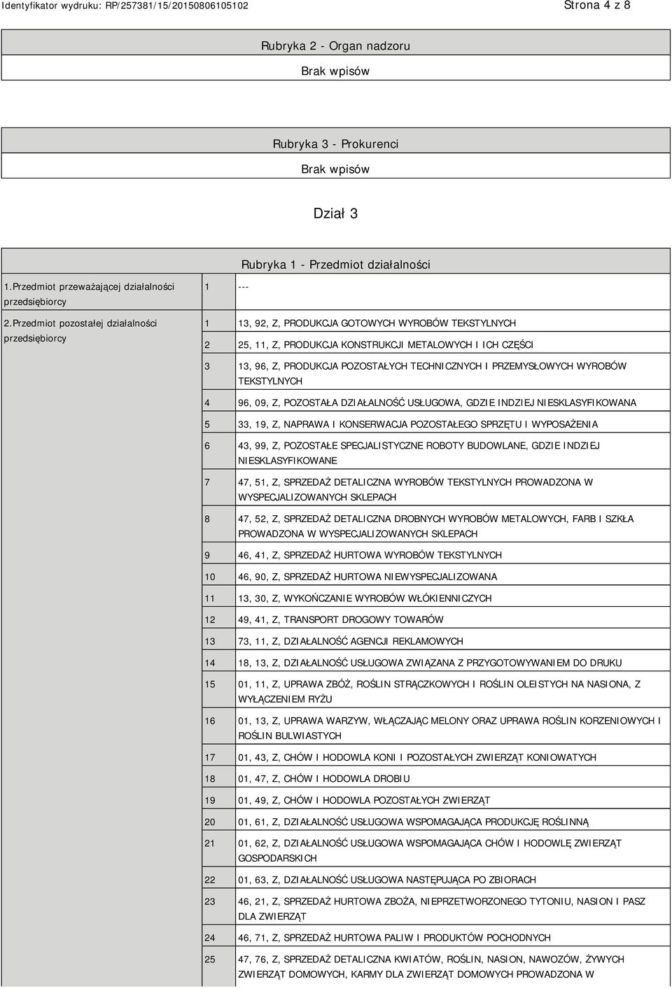 POZOSTAŁYCH TECHNICZNYCH I PRZEMYSŁOWYCH WYROBÓW TEKSTYLNYCH 4 96, 09, Z, POZOSTAŁA DZIAŁALNOŚĆ USŁUGOWA, GDZIE INDZIEJ SKLASYFIKOWANA 5 33, 19, Z, NAPRAWA I KONSERWACJA POZOSTAŁEGO SPRZĘTU I