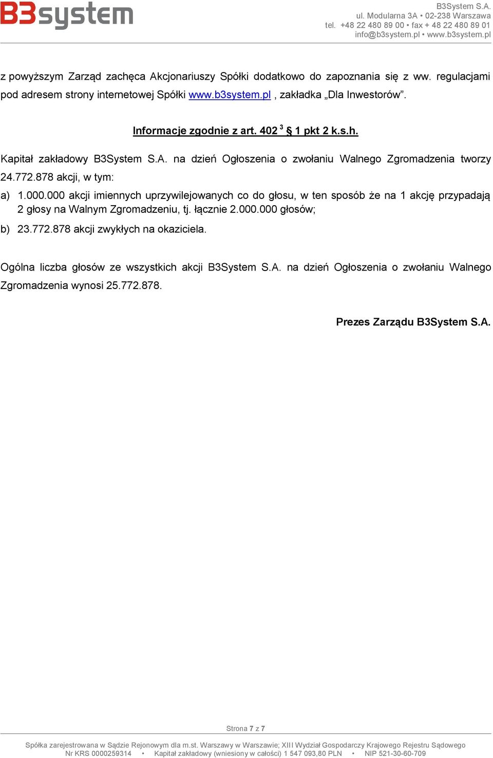 000 akcji imiennych uprzywilejowanych co do głosu, w ten sposób że na 1 akcję przypadają 2 głosy na Walnym Zgromadzeniu, tj. łącznie 2.000.000 głosów; b) 23.772.