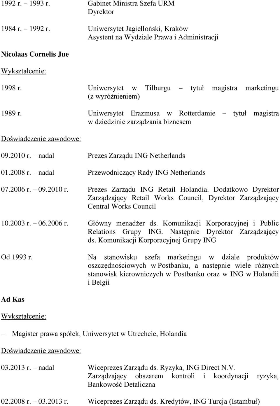 nadal Prezes Zarządu ING Netherlands 01.2008 r. nadal Przewodniczący Rady ING Netherlands 07.2006 r. 09.2010 r. Prezes Zarządu ING Retail Holandia.