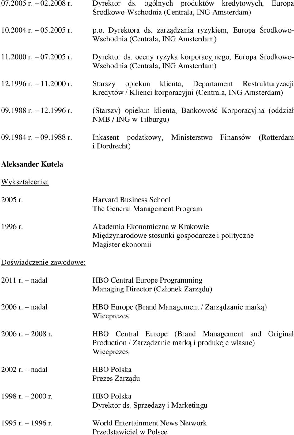 1996 r. 11.2000 r. Starszy opiekun klienta, Departament Restrukturyzacji Kredytów / Klienci korporacyjni (Centrala, ING Amsterdam) 09.1988 r. 12.1996 r. (Starszy) opiekun klienta, Bankowość Korporacyjna (oddział NMB / ING w Tilburgu) 09.