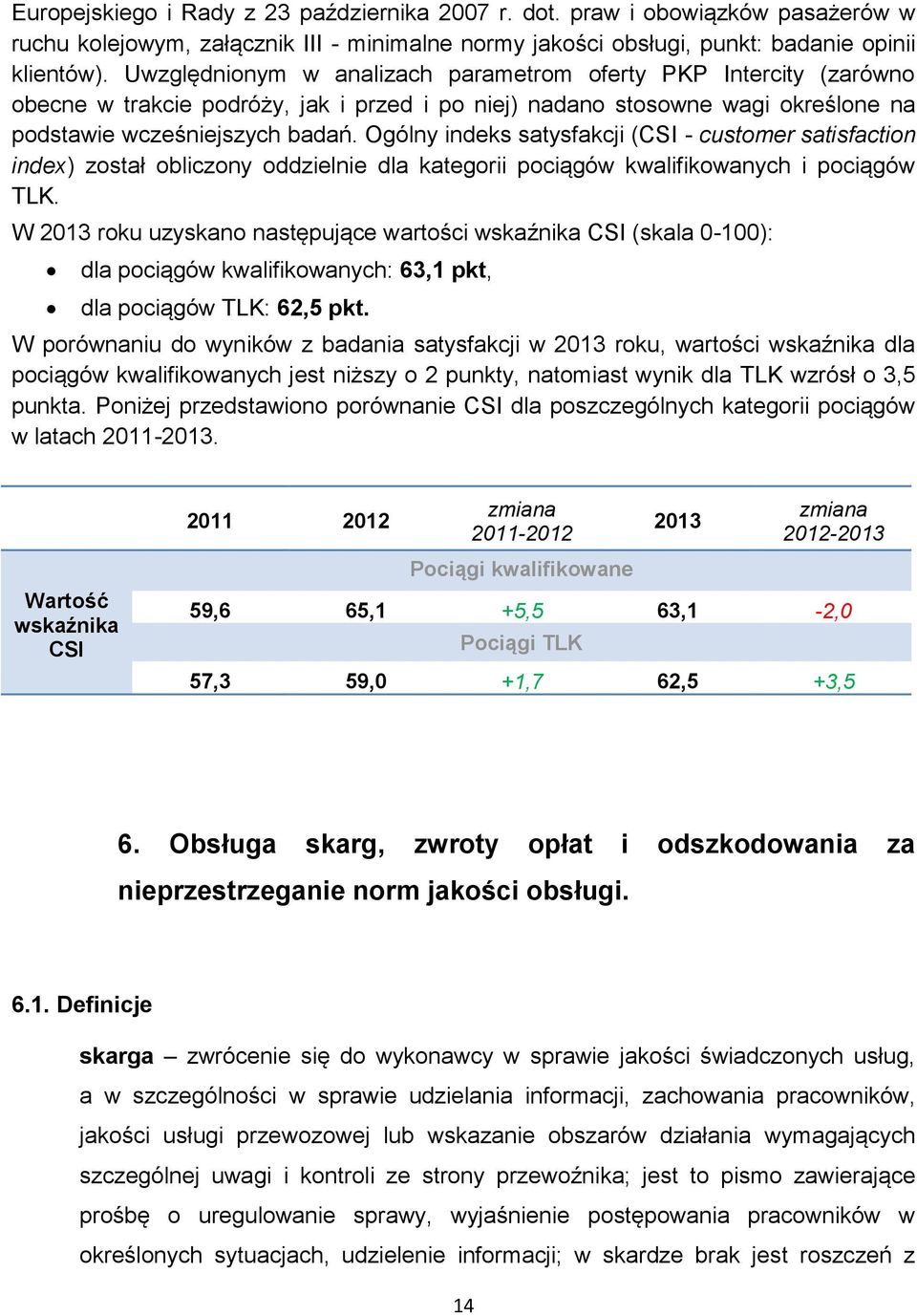 Ogólny indeks satysfakcji (CSI - customer satisfaction index) został obliczony oddzielnie dla kategorii pociągów kwalifikowanych i pociągów TLK.