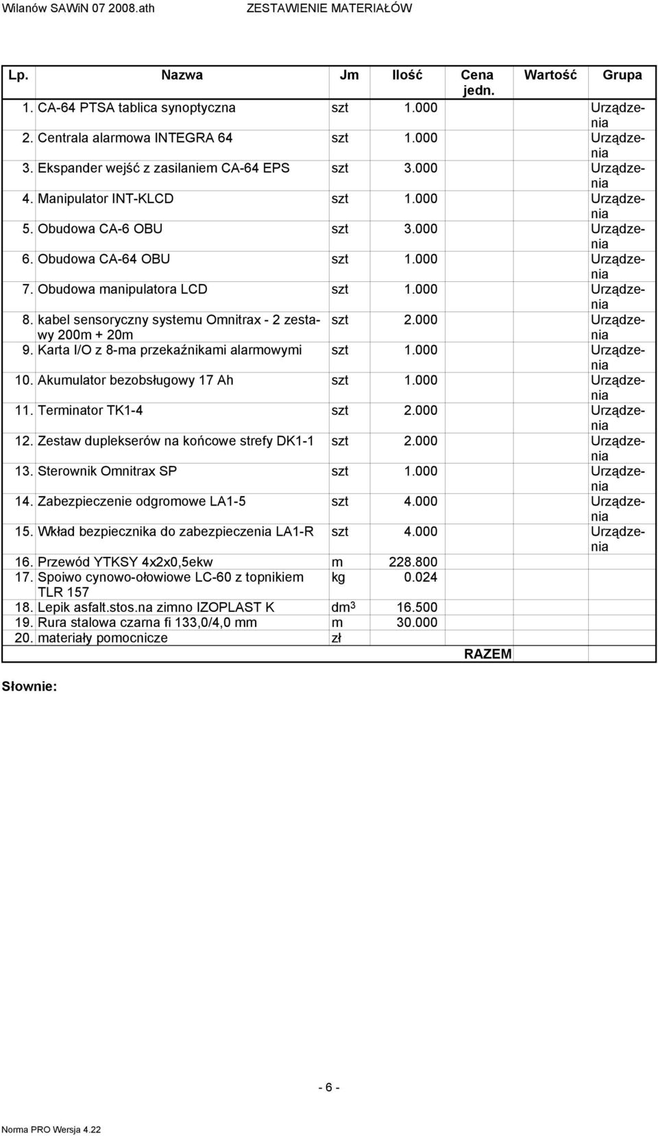 kabel sensoryczny systemu Omnitrax - 2 zestawy 200m + 20m szt 2.000 Urządzenia 9. Karta I/O z 8-ma przekaźnikami alarmowymi Urządzenia 10. Akumulator bezobsługowy 17 Ah Urządzenia 11.