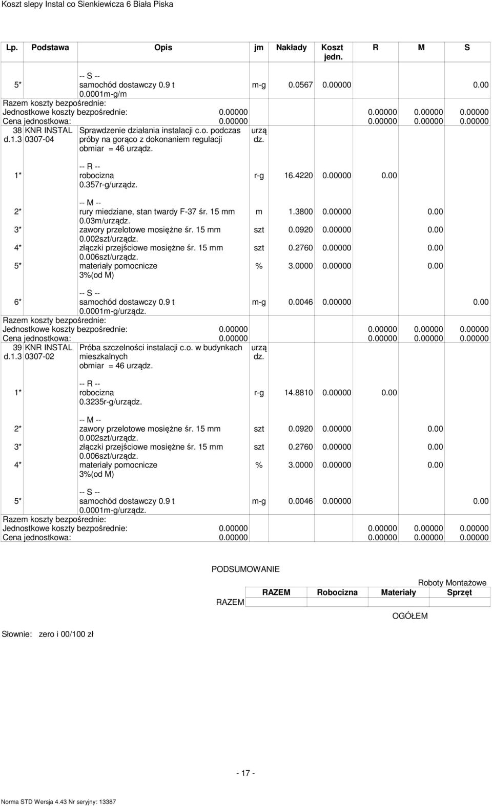 5* ateriały poocnicze r-g 16.4220 0.00000 0.00 1.3800 0.00000 0.00 szt 0.0920 0.00000 0.00 szt 0.2760 0.00000 0.00 6* saochód dostawczy 0.9 t -g 0.0046 0.00000 0.00 0.0001-g/urządz. 39 KNR INSTAL d.1.3 0307-02 urzą dz.