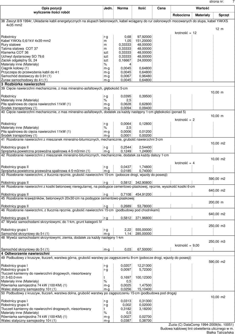 dystansowy SO 79,6 szt 0,33333 48,00000 Zacisk odgałęźny SL 24 szt 0,16667 24,00000 Materiały inne (Materiały) % 4 Ciągnik kołowy (1) m-g 0,0045 0,64800 Przyczepa do przewoŝenia kabli do 4 t m-g