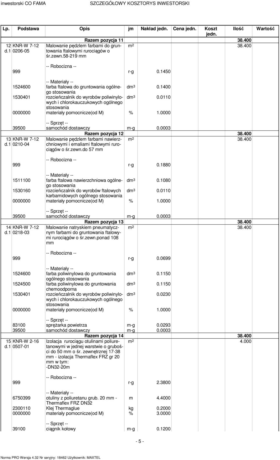 0110 i chlorokauczukowych ogólnego stosowania -- Sprzęt -- 39500 samochód dostawczy m-g 0.0003 13 KNR-W 7-12 d.1 0210-04 Razem pozycja 12 38.