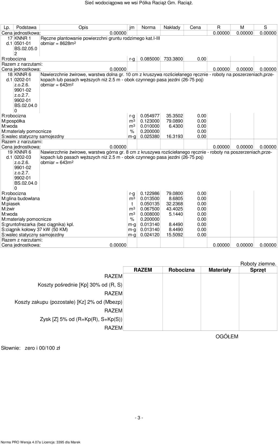 3 79.89. M:woda m 3. 6.43. M:materiały pomocnicze %.. S:walec statyczny samojezdny m-g.538 6.393. 9 KNNR 6-3 z.o..6. 99- z.o..7. 99- BS..4. Nawierzchnie Ŝwirowe, warstwa górna gr.
