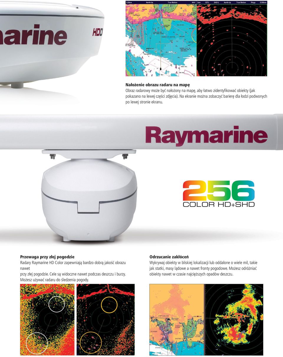 Przewaga przy złej pogodzie Radary Raymarine HD Color zapewniają bardzo dobrą jakość obrazu nawet przy złej pogodzie.