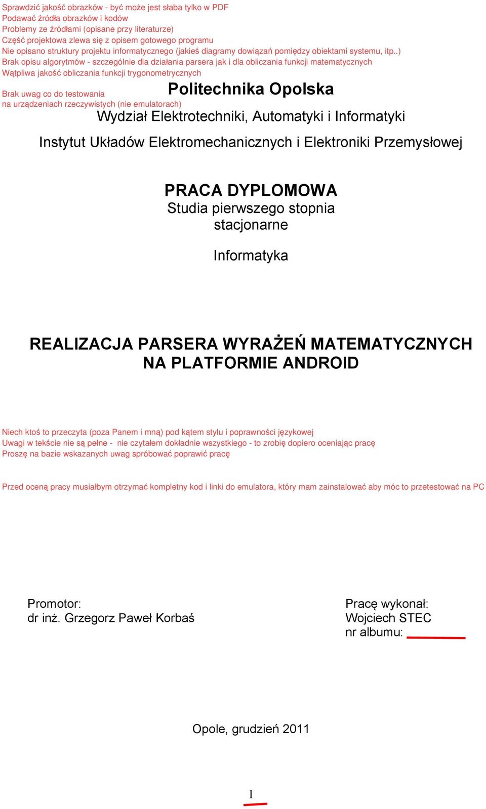 stacjonarne Informatyka REALIZACJA PARSERA WYRAŻEŃ MATEMATYCZNYCH NA PLATFORMIE ANDROID